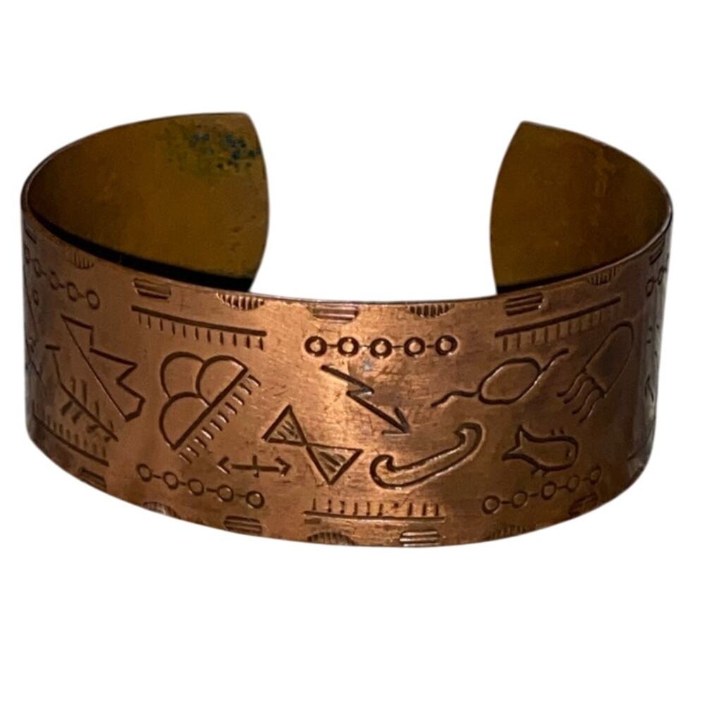 Copper Cuff Bracelet Tribal Etched Southwestern Bangle Bohemian Vintage